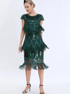 Online Retro Stage 1920s Charleston Sequins Tassel Patchwork Dress