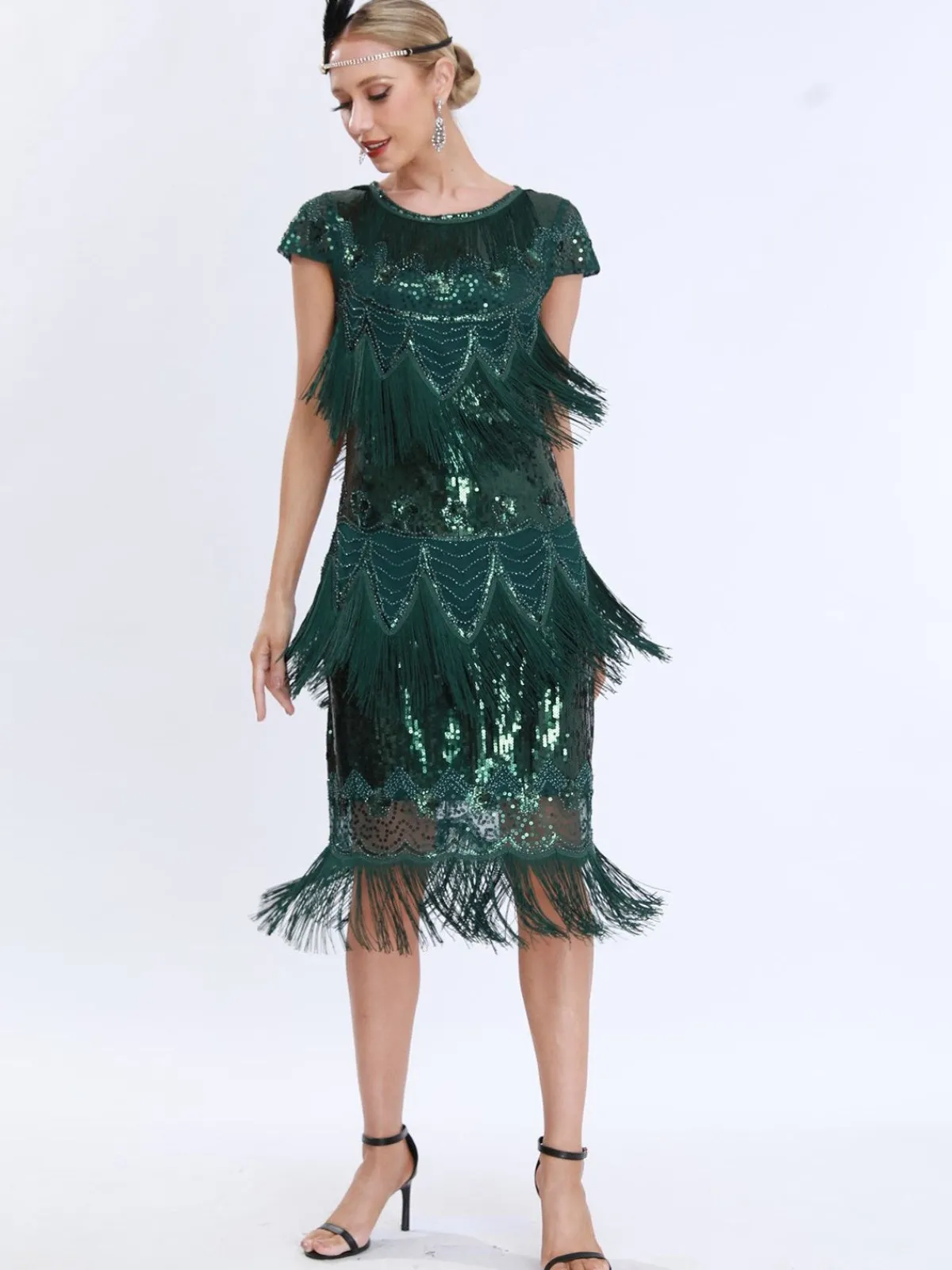Online Retro Stage 1920s Charleston Sequins Tassel Patchwork Dress