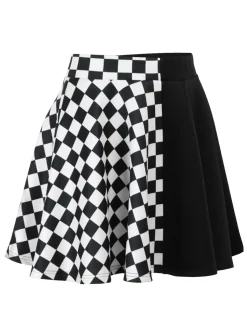 Hot Retro Stage 1970s Checks Plaid Ruched Patchwork Skirt