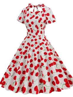 Clearance Retro Stage 1950s Cherry Sweetheart Short Sleeve Lace Up Dress