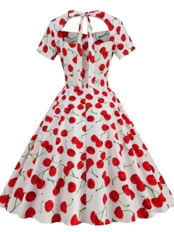 Clearance Retro Stage 1950s Cherry Sweetheart Short Sleeve Lace Up Dress