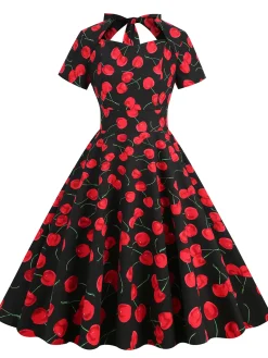 Clearance Retro Stage 1950s Cherry Sweetheart Short Sleeve Lace Up Dress