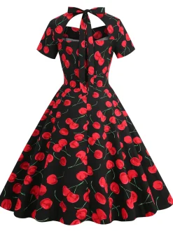 Clearance Retro Stage 1950s Cherry Sweetheart Short Sleeve Lace Up Dress