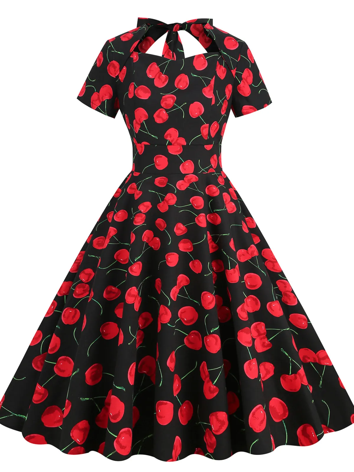 Discount Retro Stage 1950s Cherry Sweetheart Short Sleeve Lace Up Dress