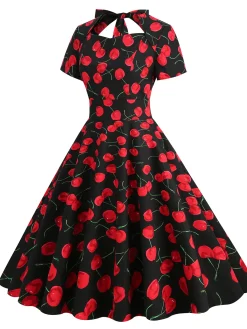 Discount Retro Stage 1950s Cherry Sweetheart Short Sleeve Lace Up Dress