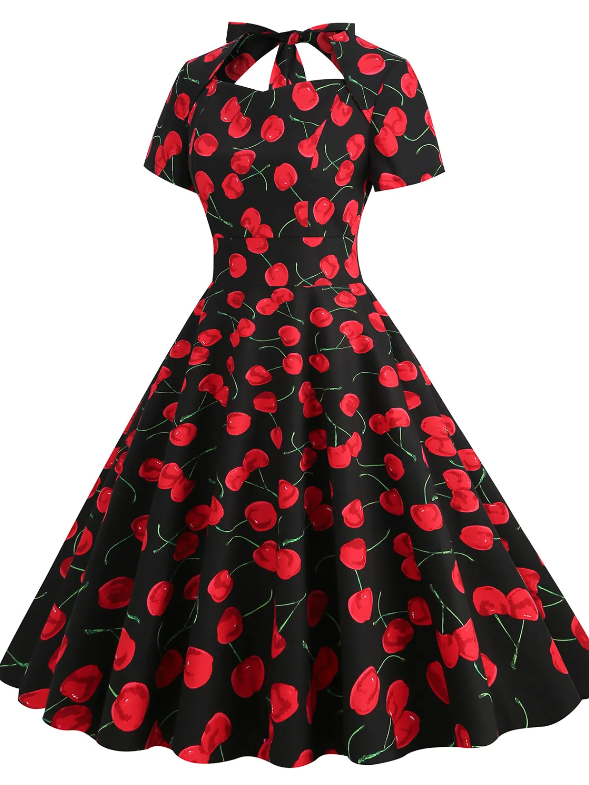 Discount Retro Stage 1950s Cherry Sweetheart Short Sleeve Lace Up Dress