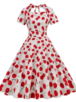 Discount Retro Stage 1950s Cherry Sweetheart Short Sleeve Lace Up Dress