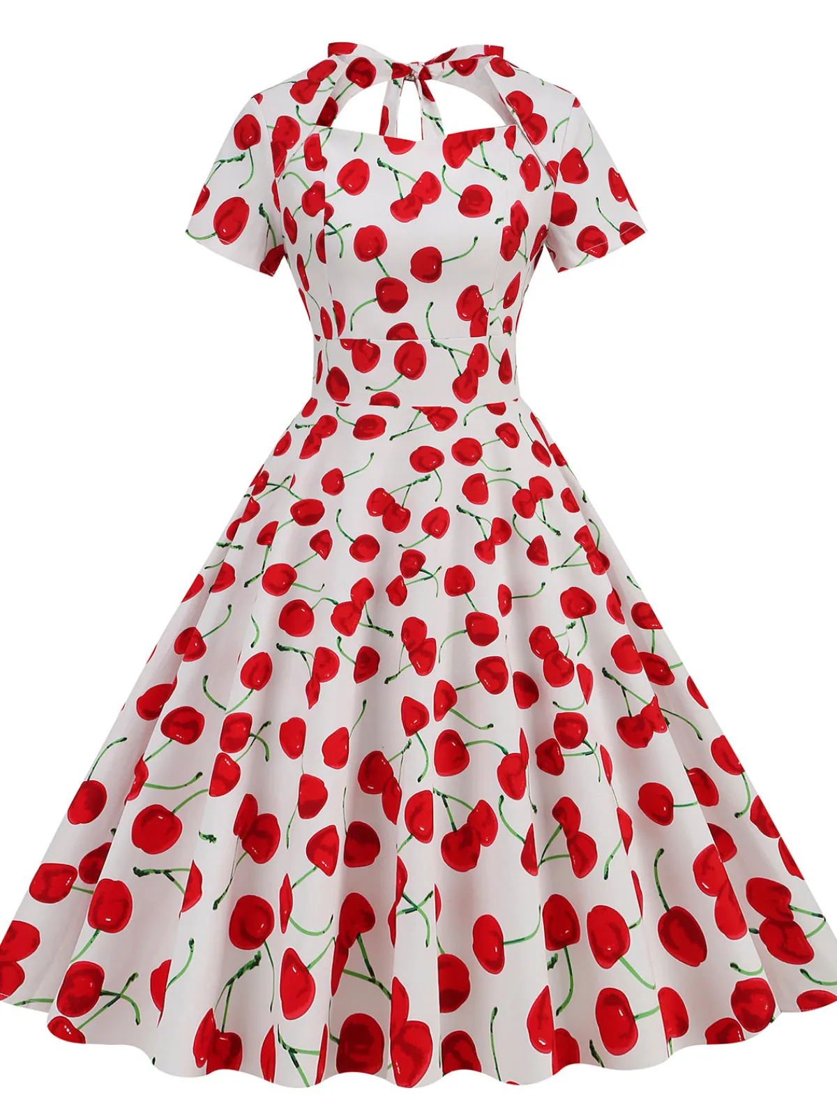 Discount Retro Stage 1950s Cherry Sweetheart Short Sleeve Lace Up Dress