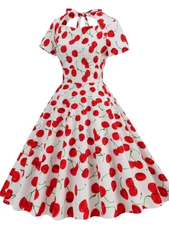 Discount Retro Stage 1950s Cherry Sweetheart Short Sleeve Lace Up Dress