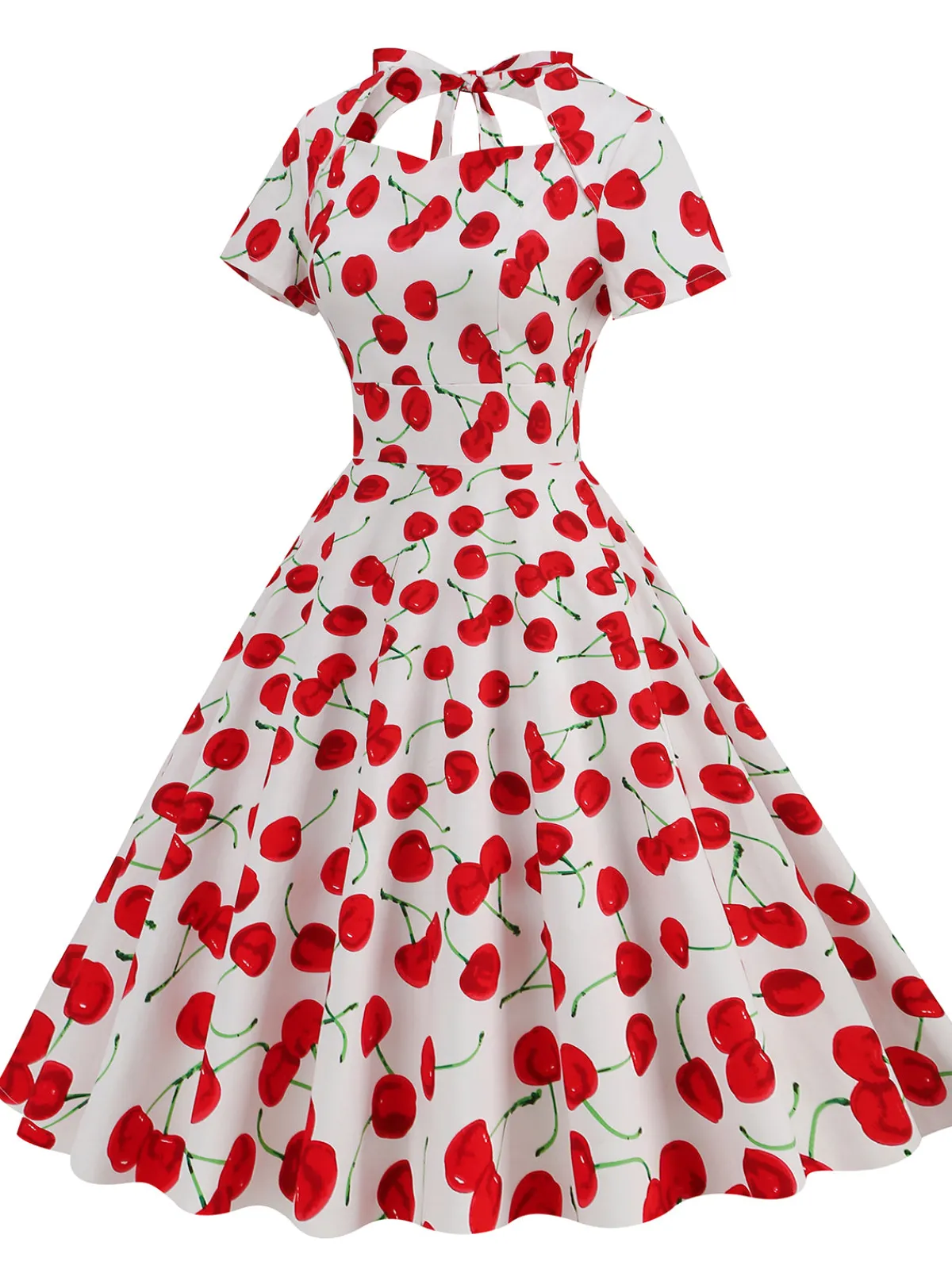 Discount Retro Stage 1950s Cherry Sweetheart Short Sleeve Lace Up Dress