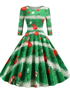 Discount Retro Stage 1950s Christmas Crew Neck Half Sleeve Dress