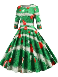 Discount Retro Stage 1950s Christmas Crew Neck Half Sleeve Dress