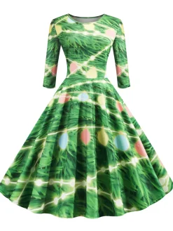 Discount Retro Stage 1950s Christmas Crew Neck Half Sleeve Dress