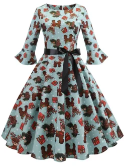 Hot Retro Stage 1950s Christmas Flare Sleeve Belted Dress