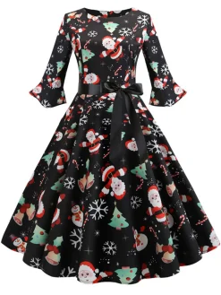 Hot Retro Stage 1950s Christmas Flare Sleeve Belted Dress