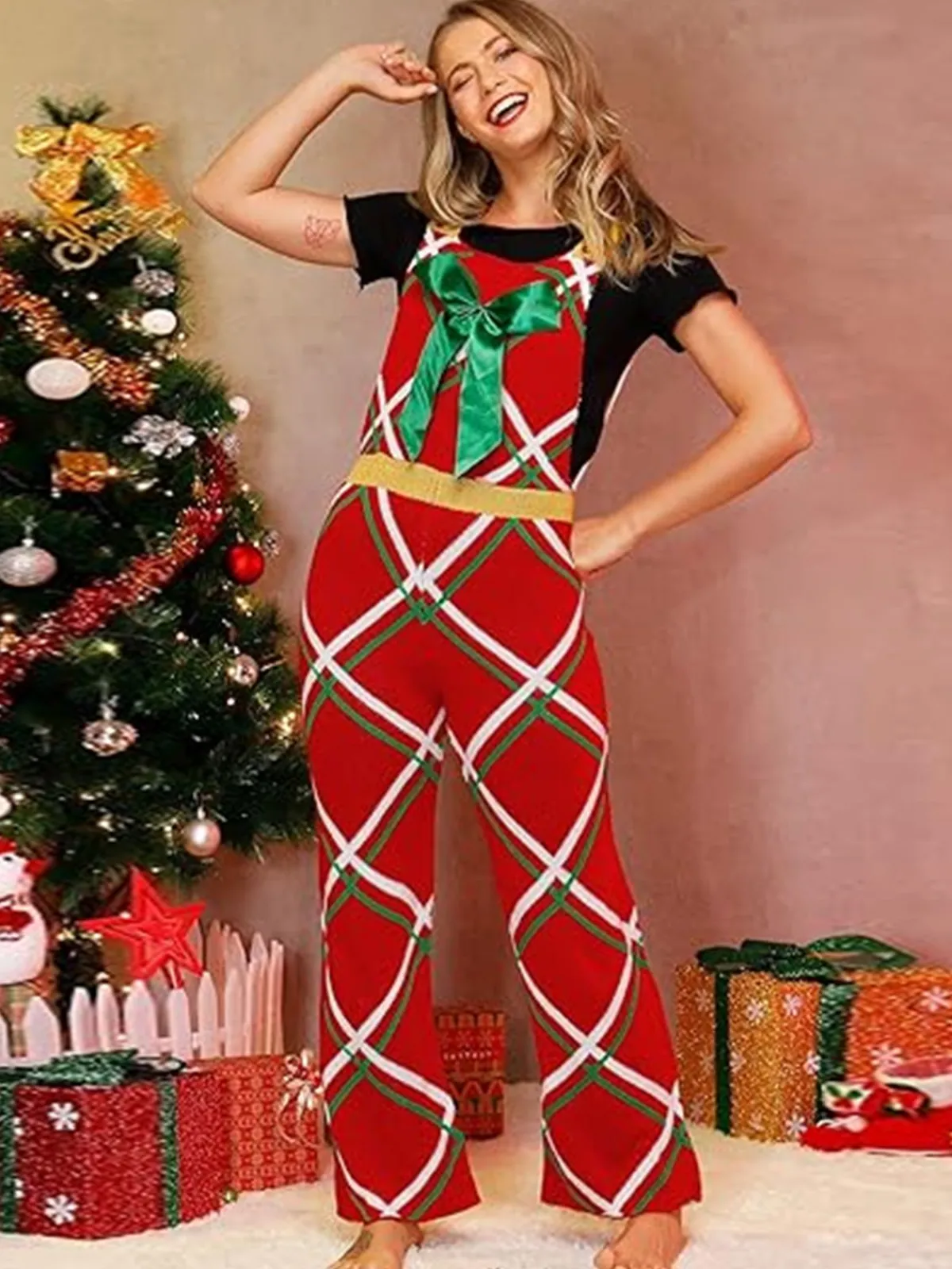 Sale Retro Stage 1970s Christmas Gift-Themed Bow Plaid Jumpsuit Red