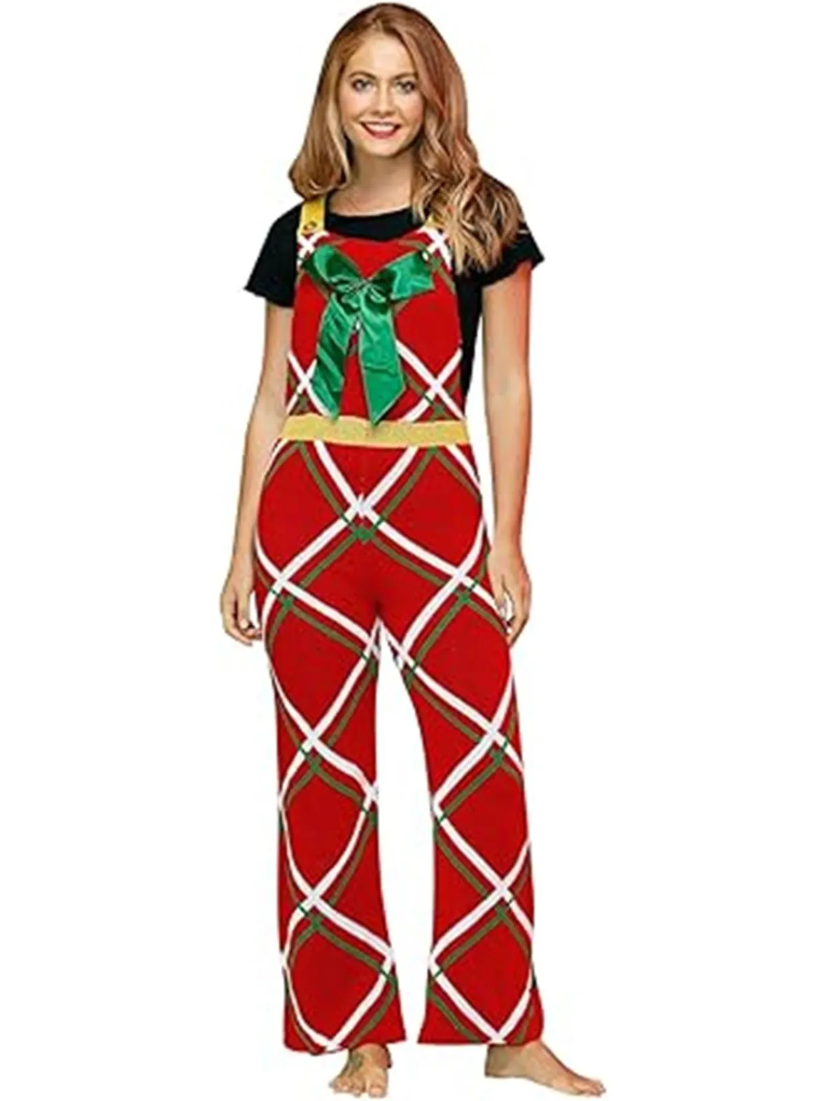 Sale Retro Stage 1970s Christmas Gift-Themed Bow Plaid Jumpsuit Red