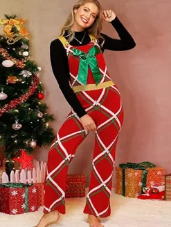 Sale Retro Stage 1970s Christmas Gift-Themed Bow Plaid Jumpsuit Red