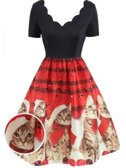 Discount Retro Stage 1950s Christmas Kitty Swing Dress