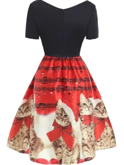 Discount Retro Stage 1950s Christmas Kitty Swing Dress