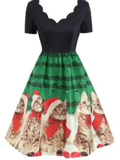 Discount Retro Stage 1950s Christmas Kitty Swing Dress