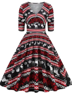 Clearance Retro Stage 1950s Christmas Patchwork V-neck Dress