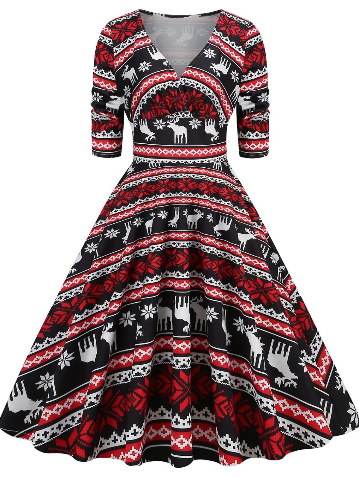 Clearance Retro Stage 1950s Christmas Patchwork V-neck Dress