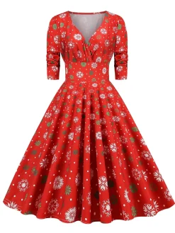 Clearance Retro Stage 1950s Christmas Patchwork V-neck Dress