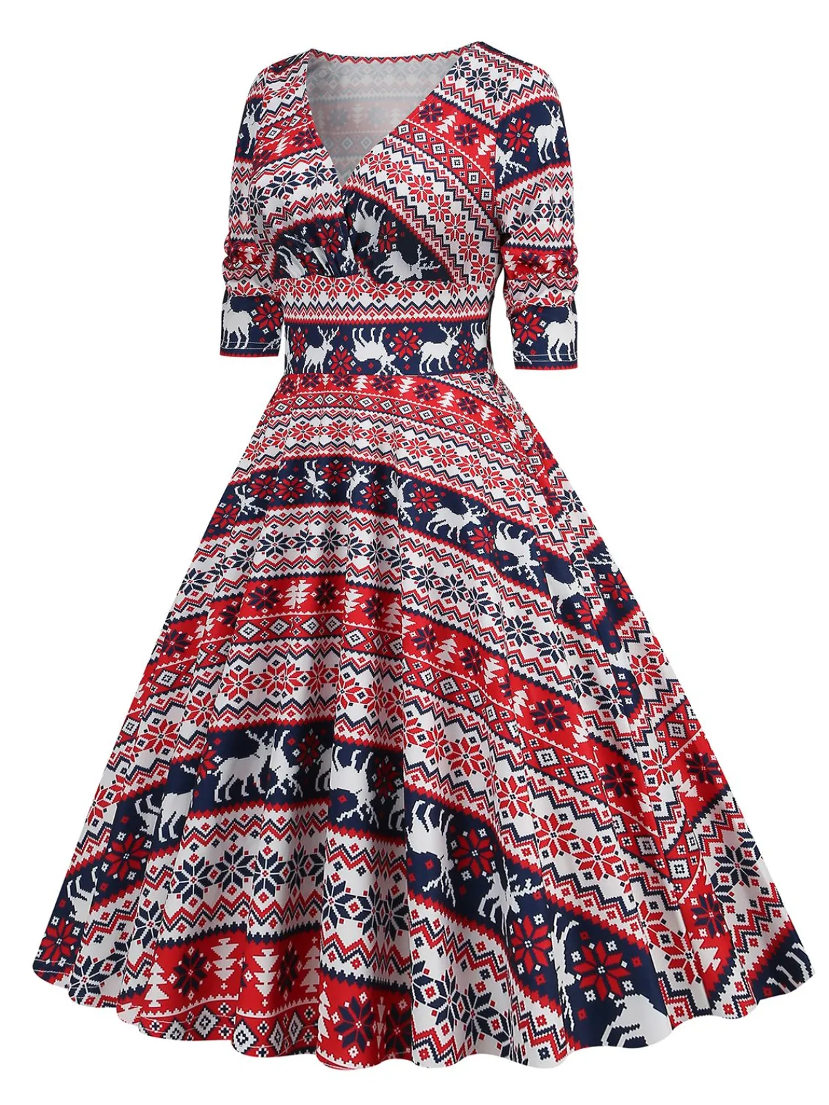 Clearance Retro Stage 1950s Christmas Patchwork V-neck Dress