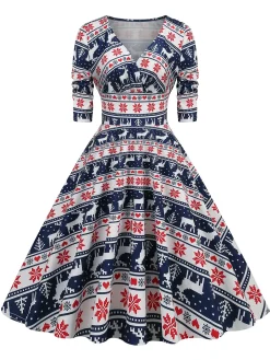 Clearance Retro Stage 1950s Christmas Patchwork V-neck Dress