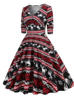 Clearance Retro Stage 1950s Christmas Patchwork V-neck Dress