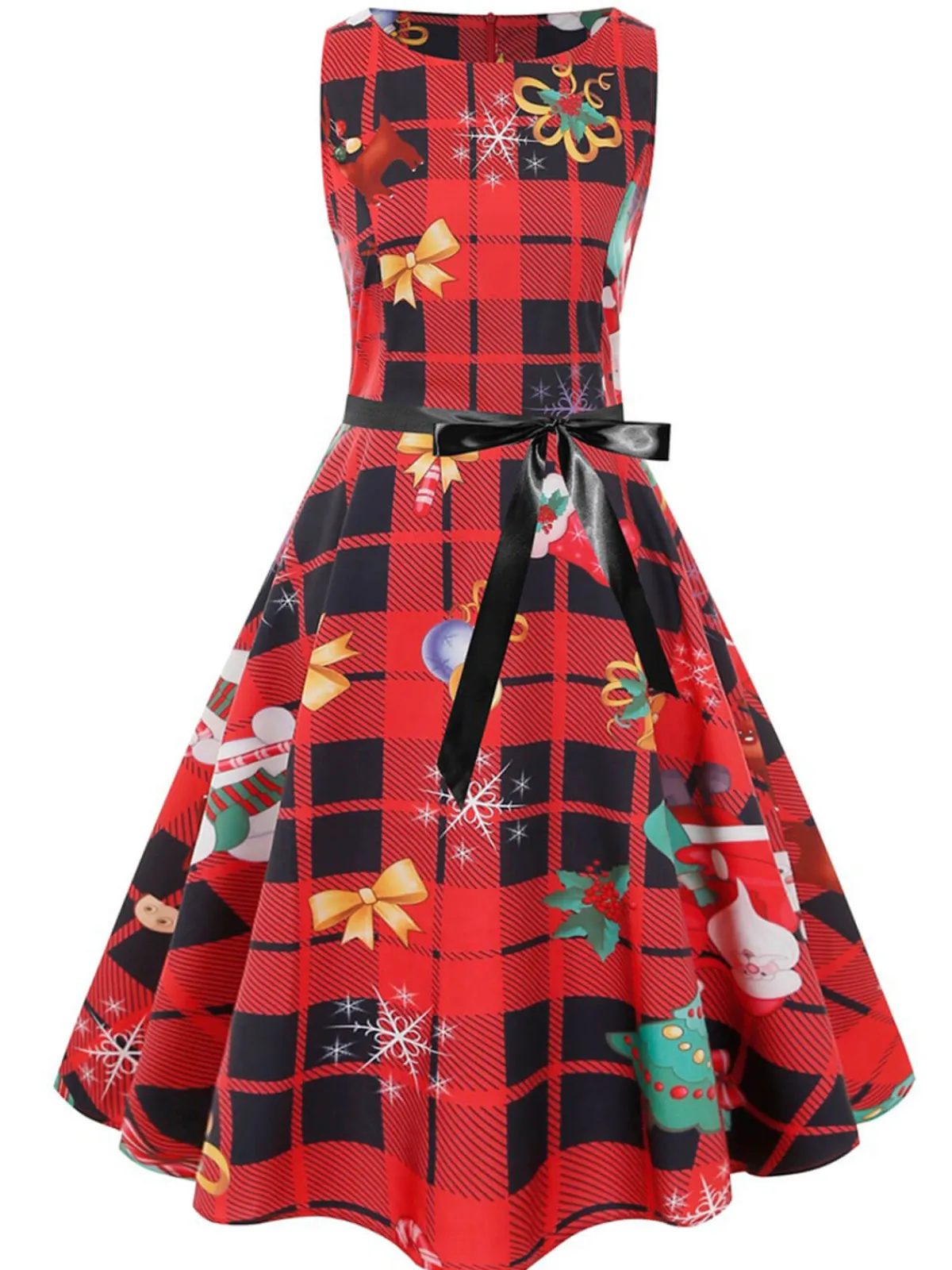 Best Retro Stage 1950s Christmas Plaid Bow Sleeveless Dress Red