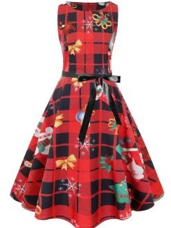 Best Retro Stage 1950s Christmas Plaid Bow Sleeveless Dress Red