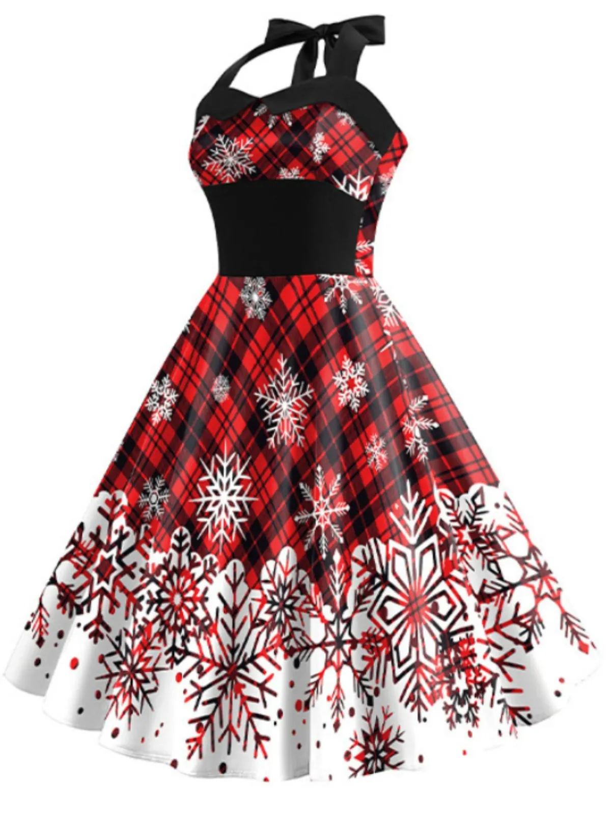 Sale Retro Stage 1950s Christmas Plaid Snowflake Halter Dress True Red