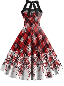 Sale Retro Stage 1950s Christmas Plaid Snowflake Halter Dress True Red