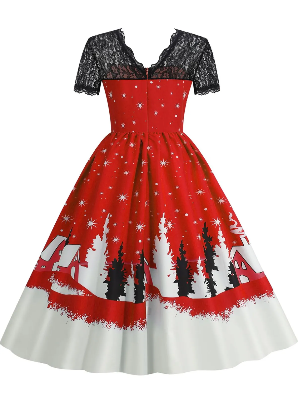 Clearance Retro Stage 1950s Christmas Print Lace Swing Dress