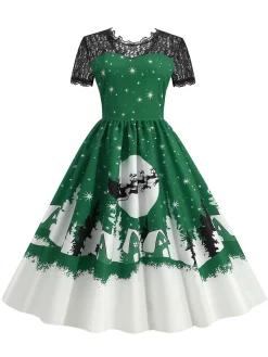 Clearance Retro Stage 1950s Christmas Print Lace Swing Dress