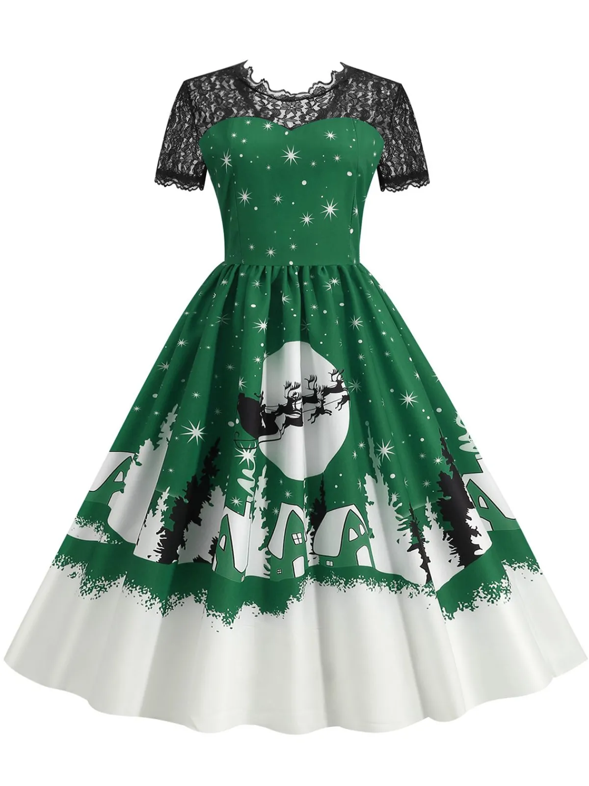 Clearance Retro Stage 1950s Christmas Print Lace Swing Dress