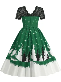 Clearance Retro Stage 1950s Christmas Print Lace Swing Dress