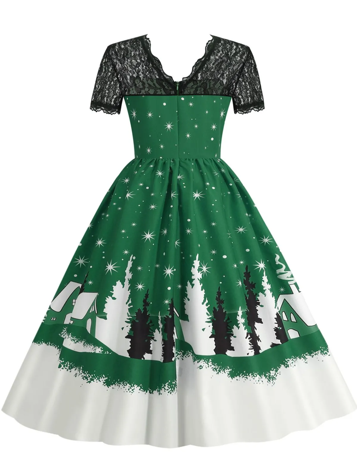 Clearance Retro Stage 1950s Christmas Print Lace Swing Dress