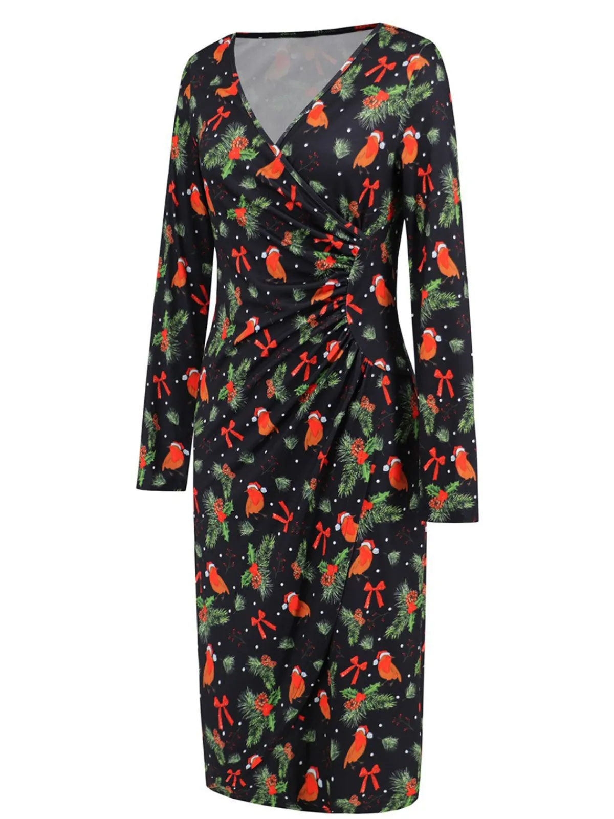 Hot Retro Stage 1960s Christmas Print V-Neck Wrap Dress