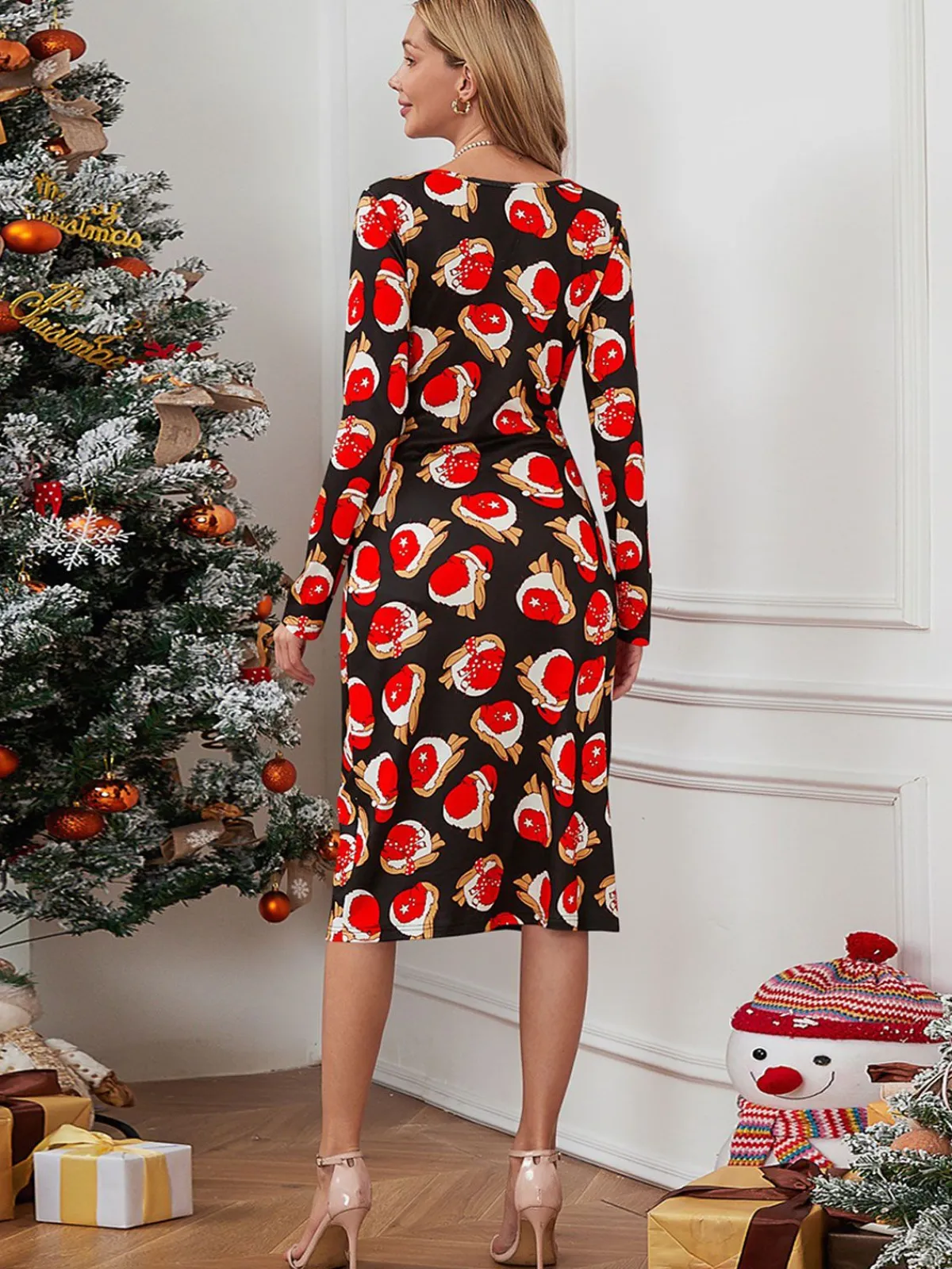 Hot Retro Stage 1960s Christmas Print V-Neck Wrap Dress