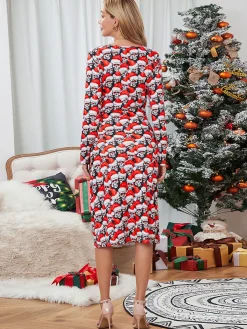 Hot Retro Stage 1960s Christmas Print V-Neck Wrap Dress