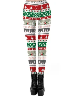 Clearance Retro Stage 1960s Christmas Printed Mid-Rise Leggings Multicolor