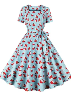 New Retro Stage 1950s Christmas Santa & Elk Print Swing Dress