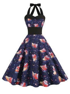 Clearance Retro Stage 1950s Christmas Santa Claus Lace-Up Halter Dress