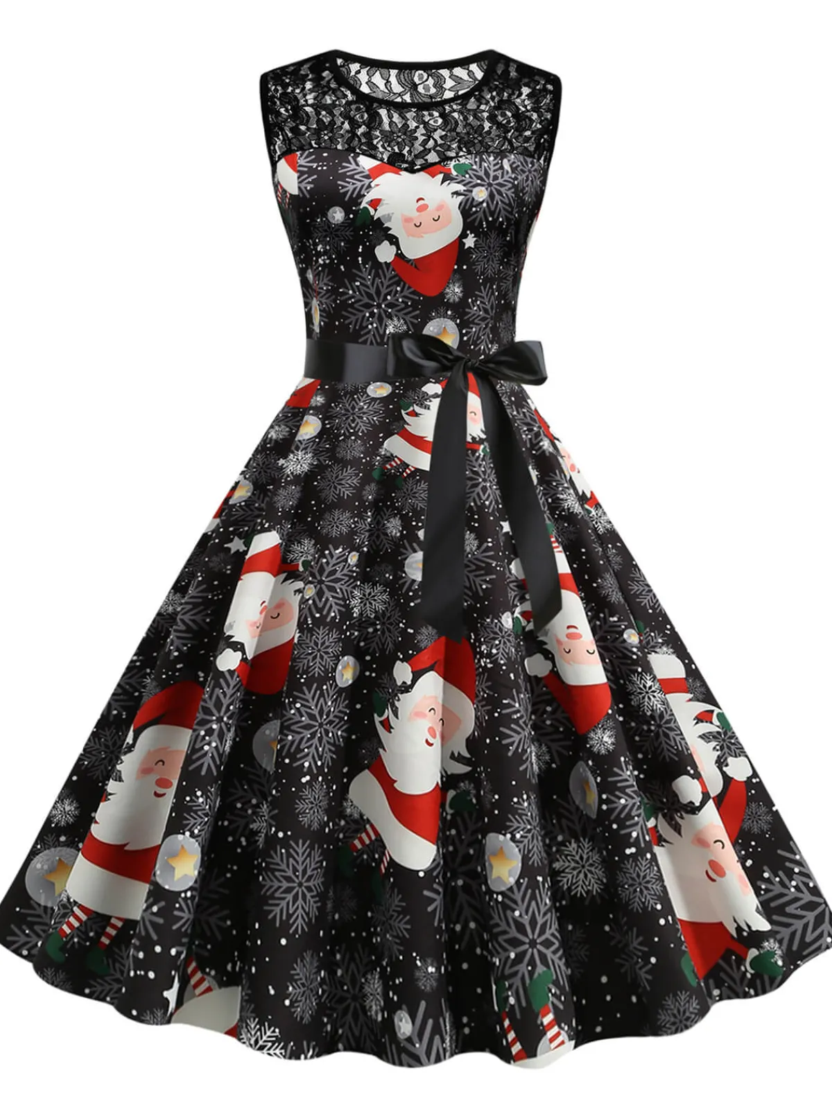 Best Retro Stage 1950s Christmas Santa Claus Lace Patchwork Dress Black