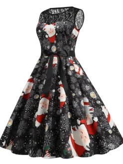 Best Retro Stage 1950s Christmas Santa Claus Lace Patchwork Dress Black