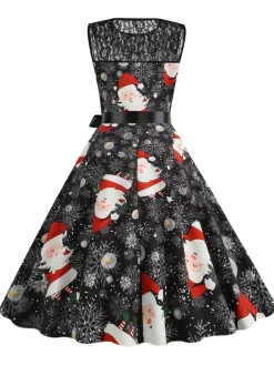 Best Retro Stage 1950s Christmas Santa Claus Lace Patchwork Dress Black
