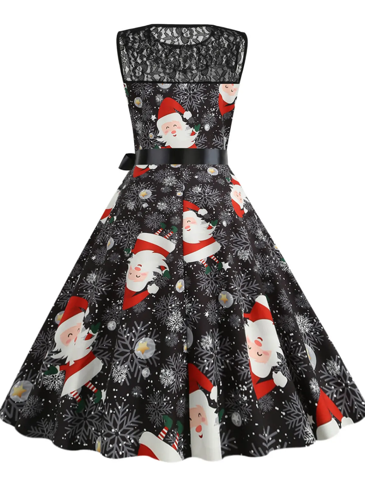 Best Retro Stage 1950s Christmas Santa Claus Lace Patchwork Dress Black